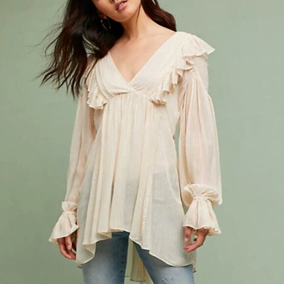 Anthropologie Ruffle Tunic Top Womens Ivory VNeck Long Sleeve Fairycore Metallic - Picture 12 of 12